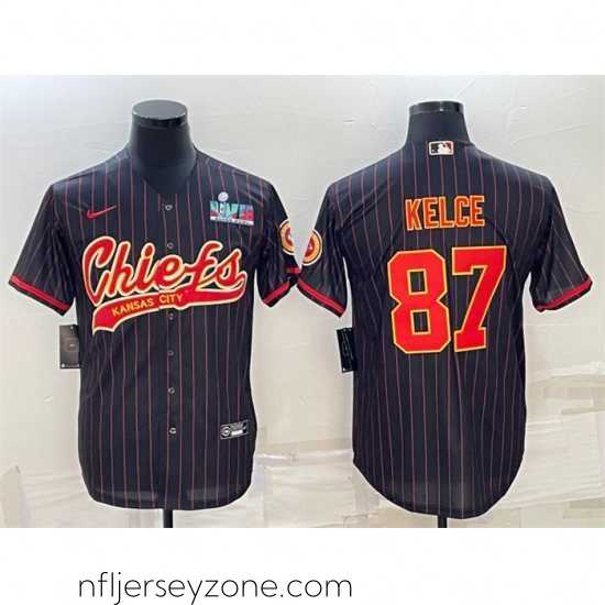 Superior Kansas City Chiefs 87 Travis Kelce Black With Super Bowl LVII Patch Cool Base Stitched Baseball Jersey