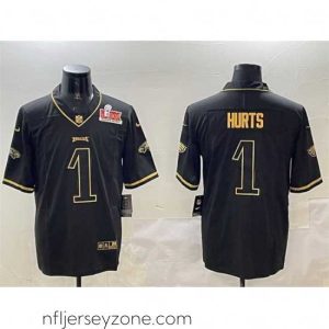 Premium Philadelphia Eagles 1 Jalen Hurts Black Gold 2025 Super Bowl LIX Patch Salute To Service Vapor Untouchable Limited Stitched Football Jersey
